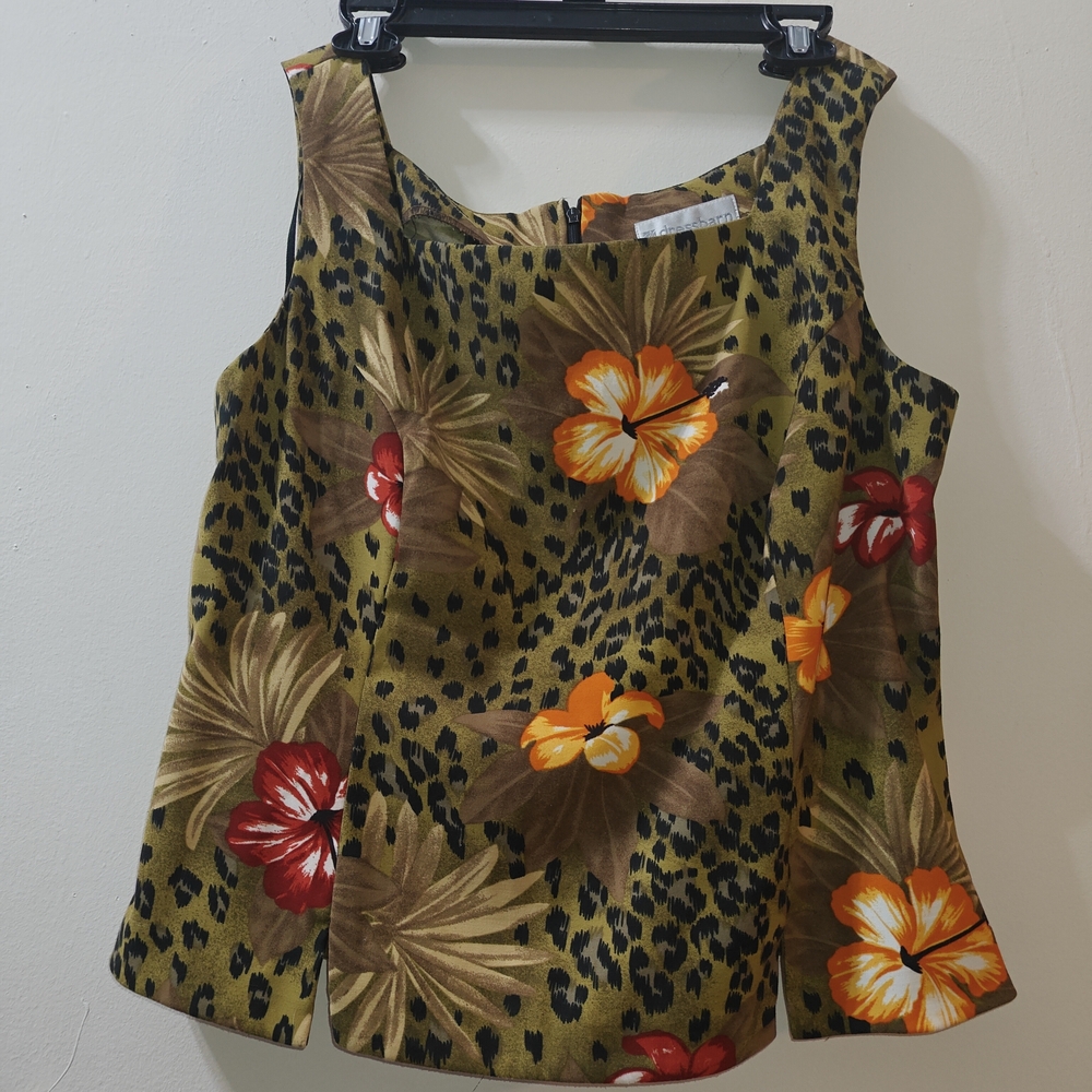 dressbarn Olive Green Floral & Leopard Print Sleeveless Tank